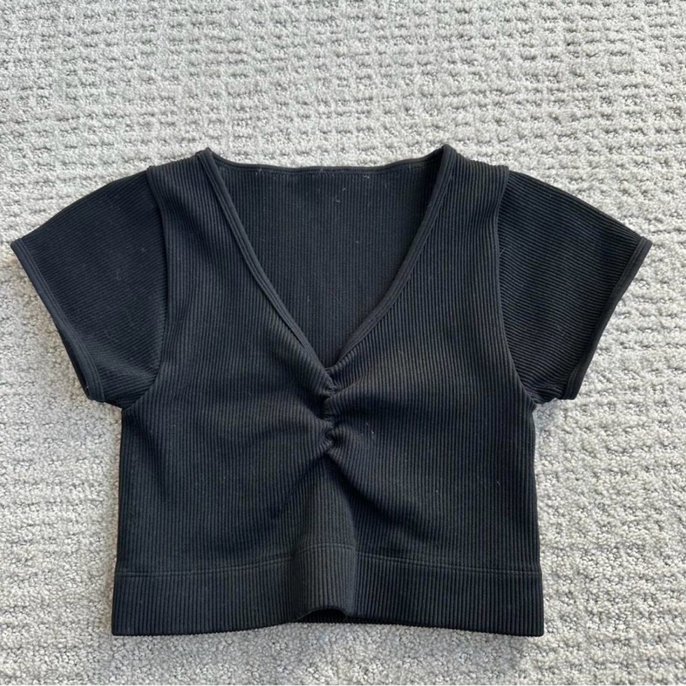 aerie Black Ribbed Twist-Front V-Neck Crop Top